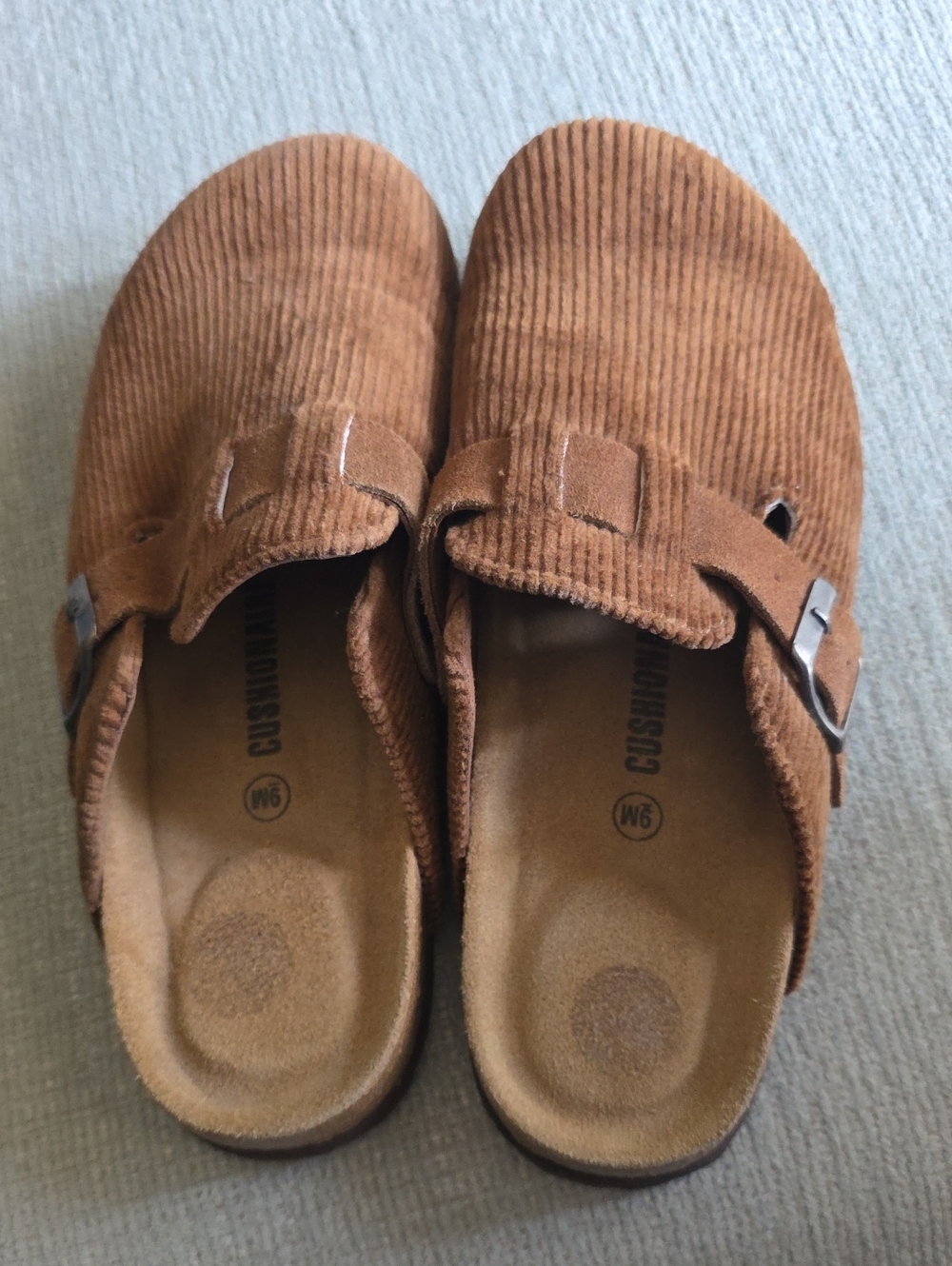 Brown Corduroy Slip-On Clogs with Adjustable Buckle